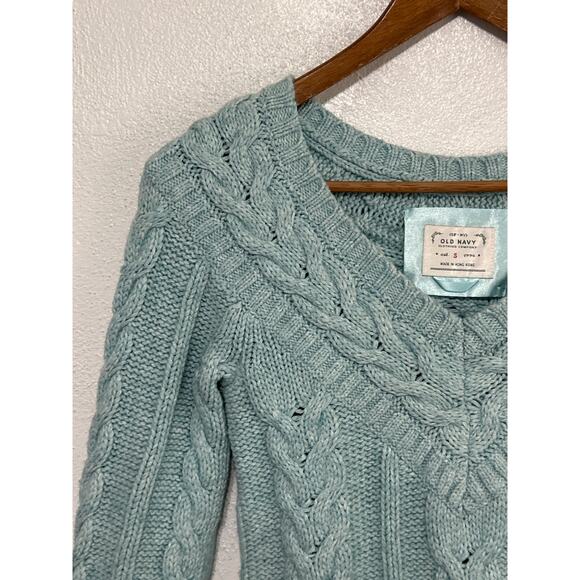 Old Navy Fisherman Cable Knit Bobble Wool Blend Sweater S Pastel Teal Soft Girl - Picture 3 of 14